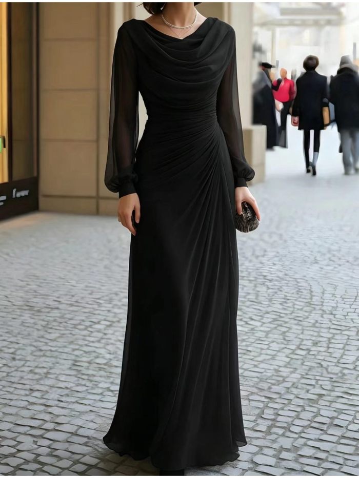Cowl Neck Chiffon Maxi Gown | Sheer Puff Sleeve Wedding Guest Dress