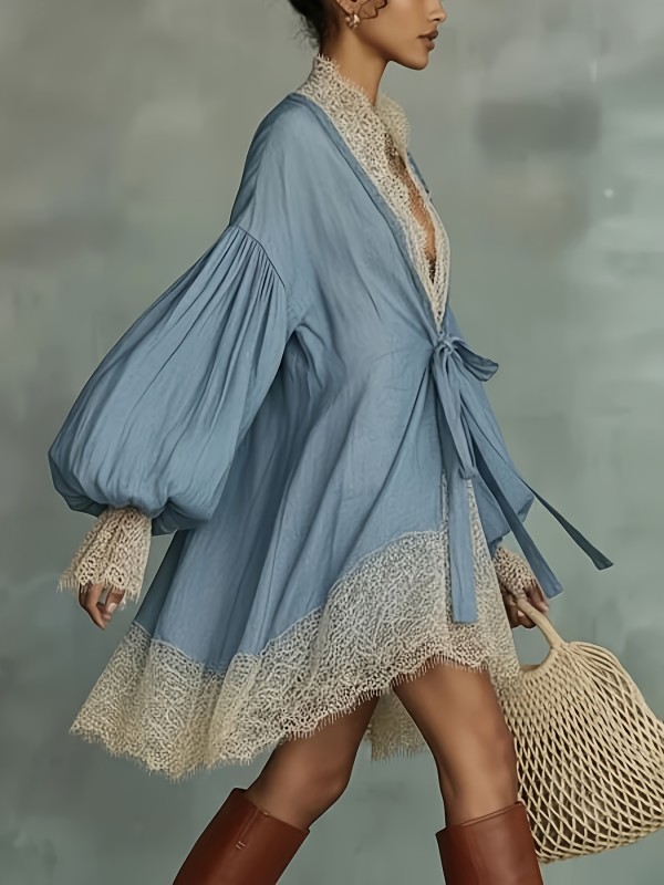 Lace Patchwork Deep V Mini Dress | Puff Sleeve Beach Cover-Up