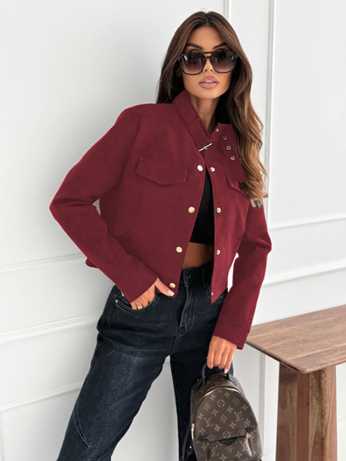 Long Sleeves Belted Buttoned Solid Color Split-Joint Round-neck Outerwear