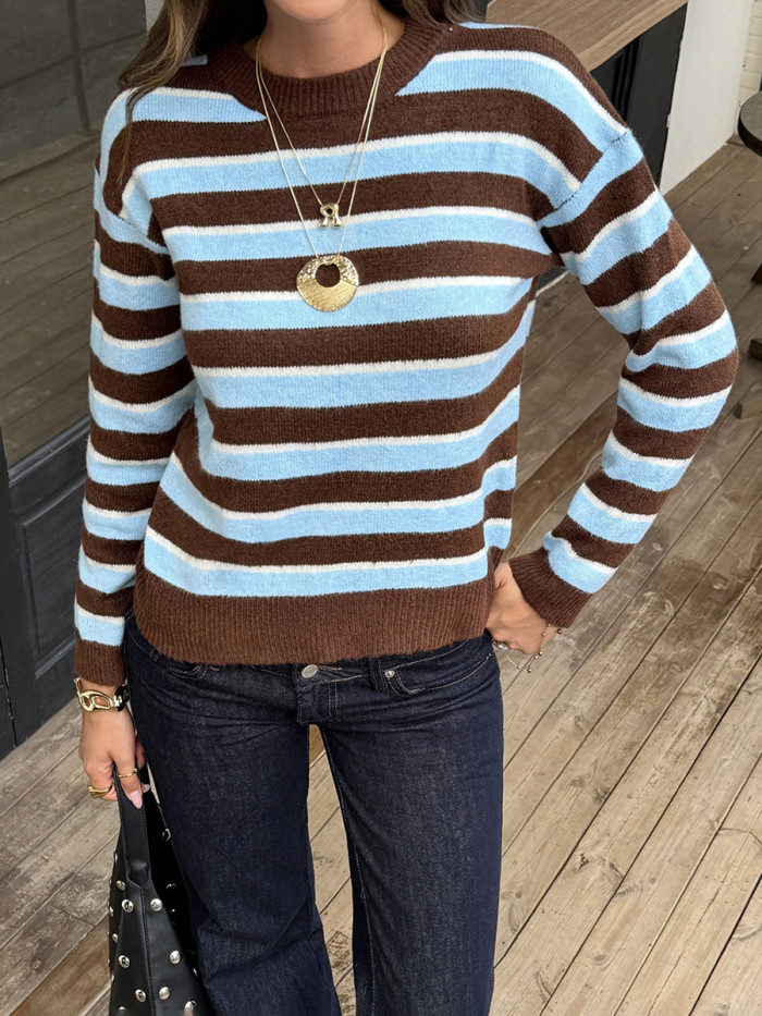 Long Sleeves Contrast Color Striped Round-neck Pullovers Sweater Tops