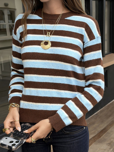 Long Sleeves Contrast Color Striped Round-neck Pullovers Sweater Tops