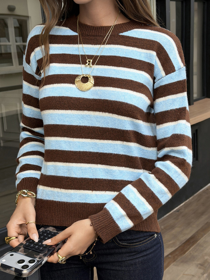 Long Sleeves Contrast Color Striped Round-neck Pullovers Sweater Tops