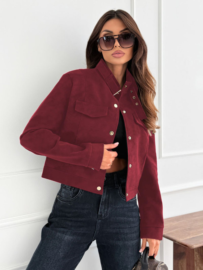 Long Sleeves Belted Buttoned Solid Color Split-Joint Round-neck Outerwear