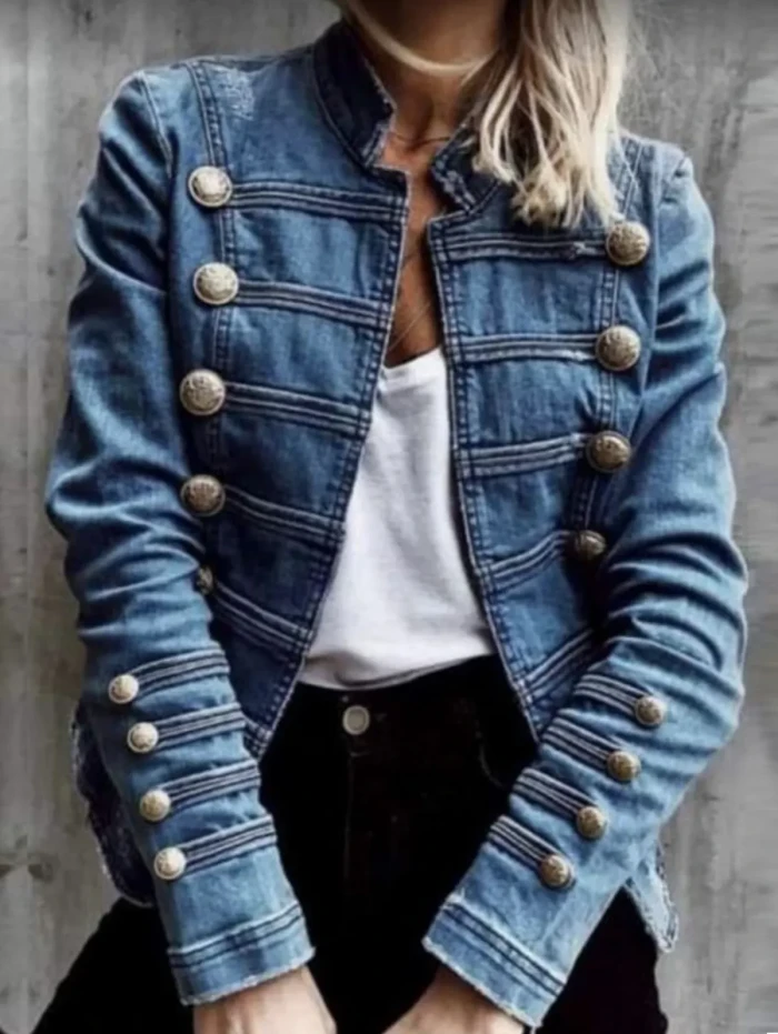 Vintage Stand Collar Denim Jacket, Slim Retro Button Jean Outerwear