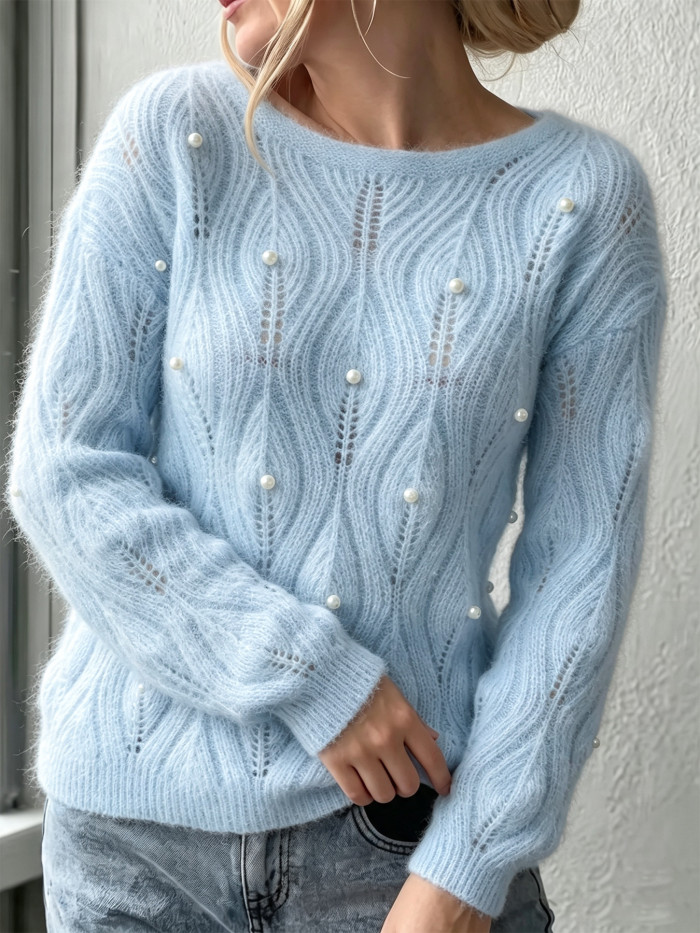 Wave Openwork Knit Sweater, Pearl Decor Puff Sleeve Loose Pullover