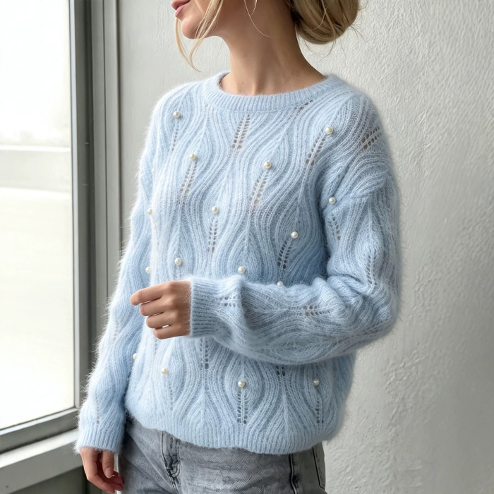 Wave Openwork Knit Sweater, Pearl Decor Puff Sleeve Loose Pullover