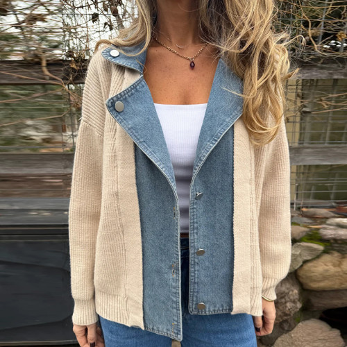 Retro Denim Knit Patchwork Coat, Lapel Single Breasted Loose Jacket