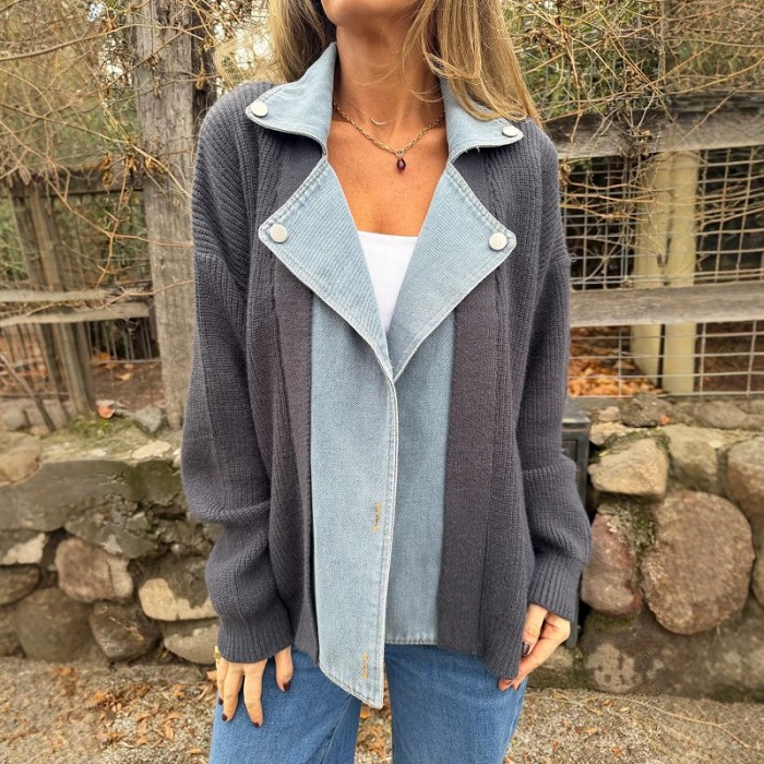 Retro Denim Knit Patchwork Coat, Lapel Single Breasted Loose Jacket