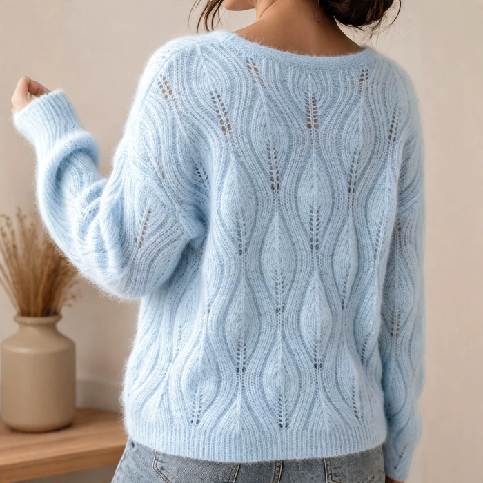 Wave Openwork Knit Sweater, Pearl Decor Puff Sleeve Loose Pullover