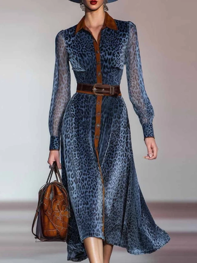 Leopard Mesh Colorblock Dress, Lapel Single Breasted Vintage Long Sleeve Dress
