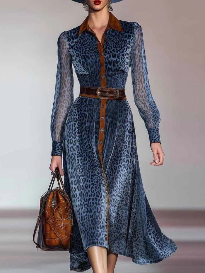 Leopard Mesh Colorblock Dress, Lapel Single Breasted Vintage Long Sleeve Dress