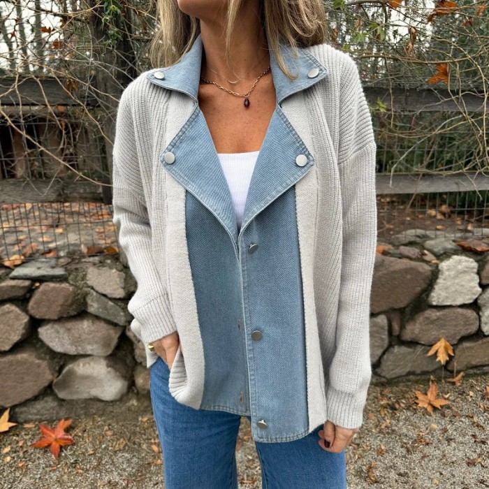 Retro Denim Knit Patchwork Coat, Lapel Single Breasted Loose Jacket