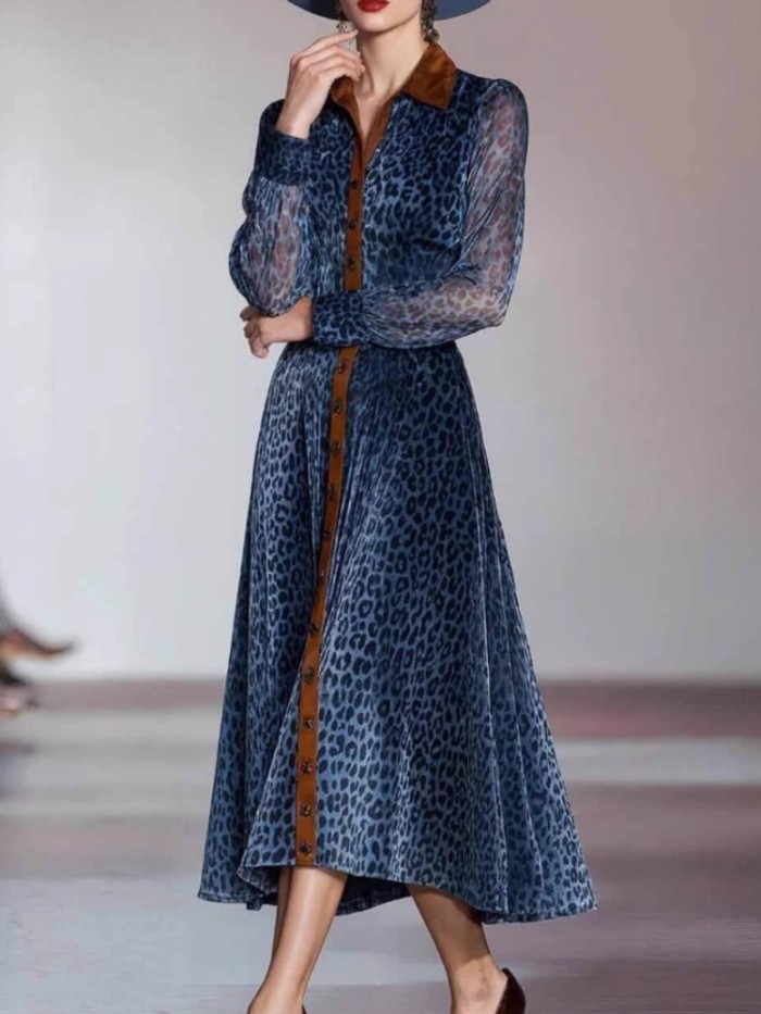 Leopard Mesh Colorblock Dress, Lapel Single Breasted Vintage Long Sleeve Dress