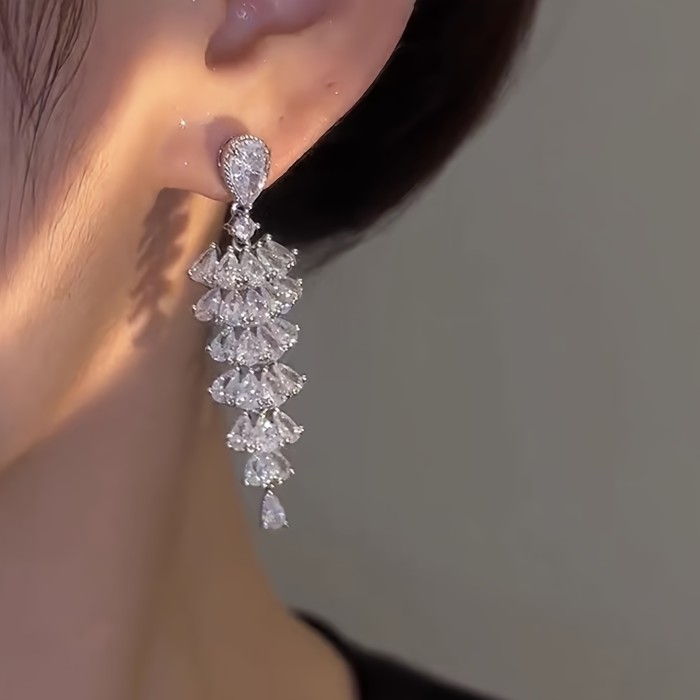 Geometric Zircon Skirt Design Earrings, Bridal Prom Jewelry