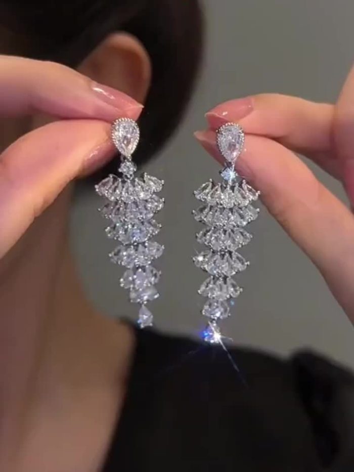 Geometric Zircon Skirt Design Earrings, Bridal Prom Jewelry