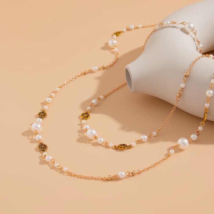 Double Layer Faux Pearl Chain Necklace, Party & Daily Wear