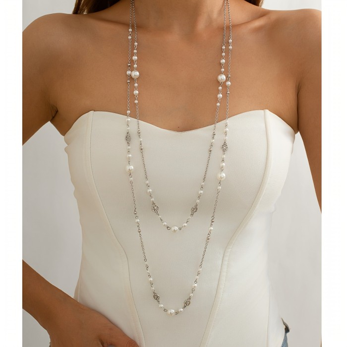 Double Layer Faux Pearl Chain Necklace, Party & Daily Wear