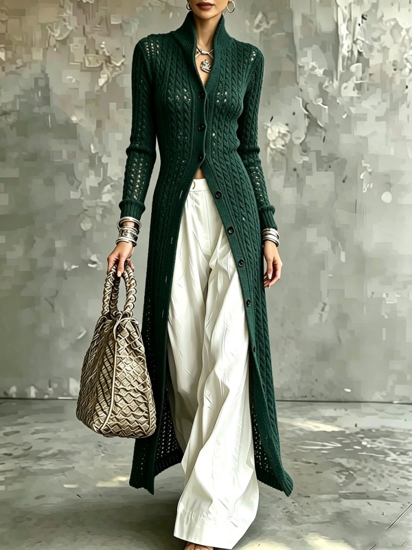 Elegant Long Linen Stand Collar Cardigan | Single Breasted Loose Fit Layered Outerwear for Fall Winter Office & Casual