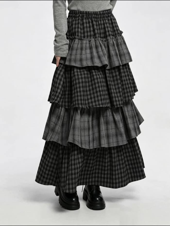 Retro Plaid Patchwork Tiered Cake Dress | Vintage A-Line Layered Long Dress for Fall Winter