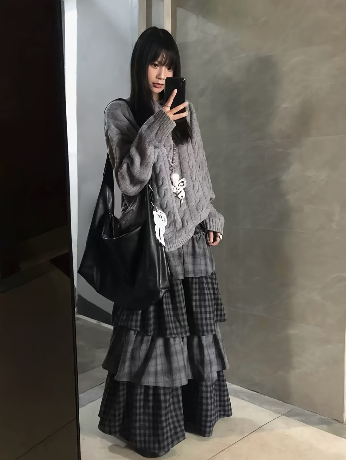 Retro Plaid Patchwork Tiered Cake Dress | Vintage A-Line Layered Long Dress for Fall Winter