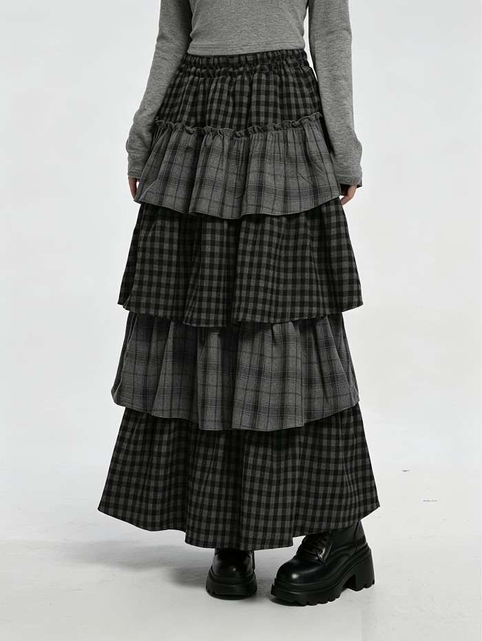 Retro Plaid Patchwork Tiered Cake Dress | Vintage A-Line Layered Long Dress for Fall Winter