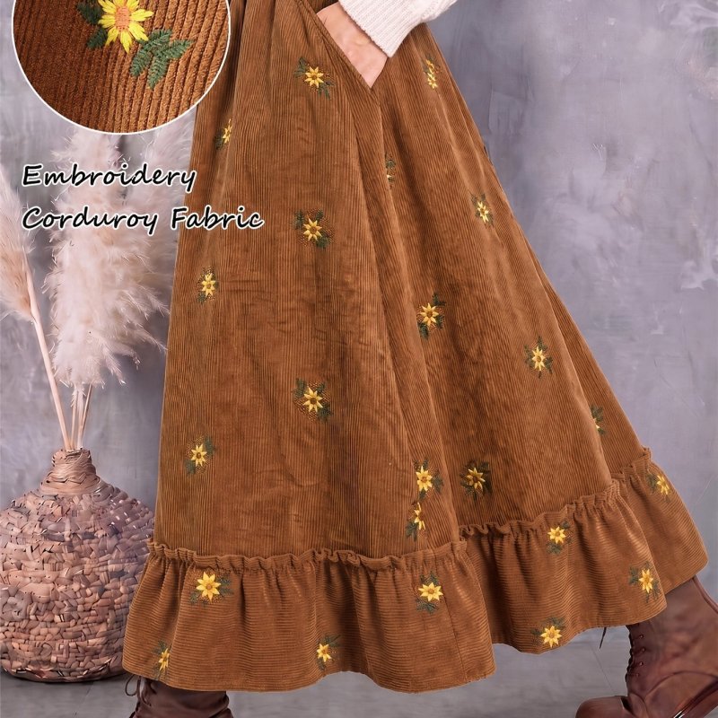 Vintage Floral Embroidered Corduroy Maxi Skirt With Pockets | Fall A-Line Ruffle Hem Skirt