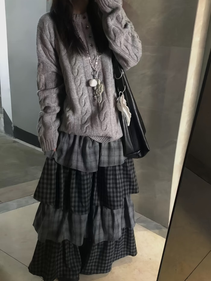 Retro Plaid Patchwork Tiered Cake Dress | Vintage A-Line Layered Long Dress for Fall Winter