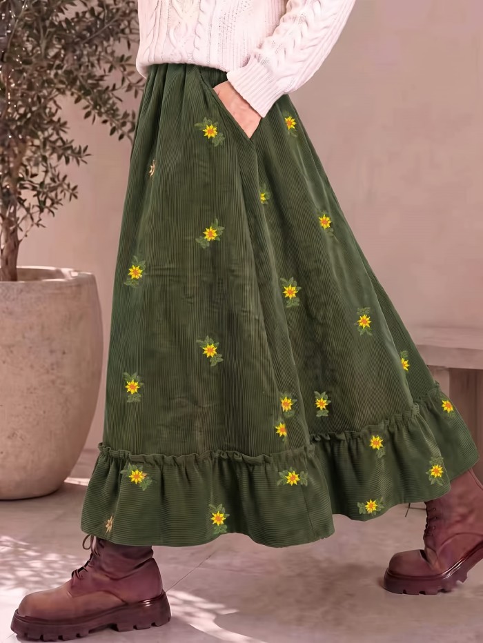 Vintage Floral Embroidered Corduroy Maxi Skirt With Pockets | Fall A-Line Ruffle Hem Skirt