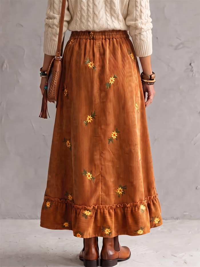 Vintage Floral Embroidered Corduroy Maxi Skirt With Pockets | Fall A-Line Ruffle Hem Skirt