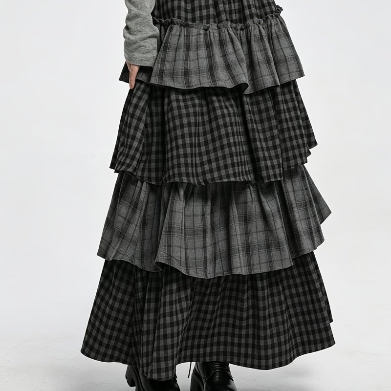 Retro Plaid Patchwork Tiered Cake Dress | Vintage A-Line Layered Long Dress for Fall Winter