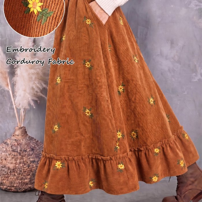 Vintage Floral Embroidered Corduroy Maxi Skirt With Pockets | Fall A-Line Ruffle Hem Skirt
