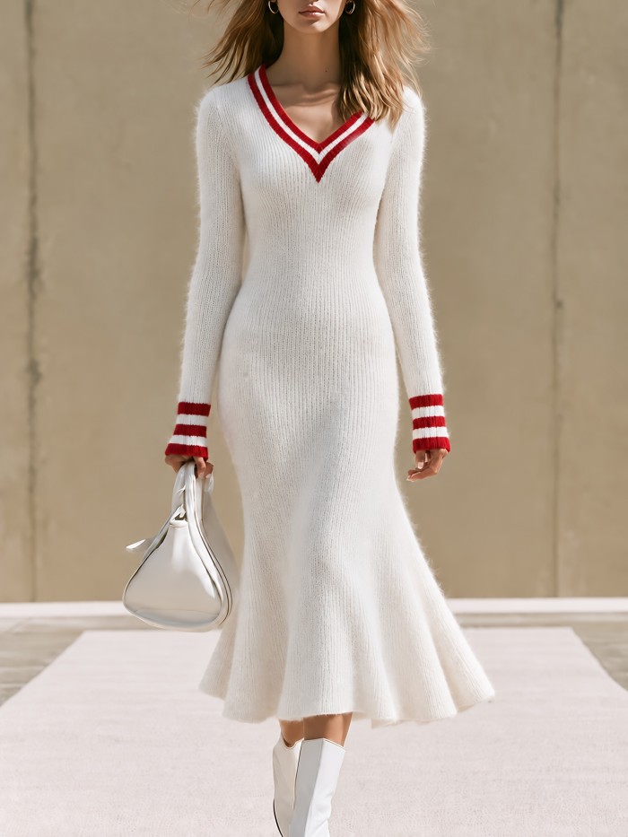 French Retro White Sweater Dress | Contrast Striped V-Neck Long Sleeve Midi Fishtail Dress for Fall Winter Date