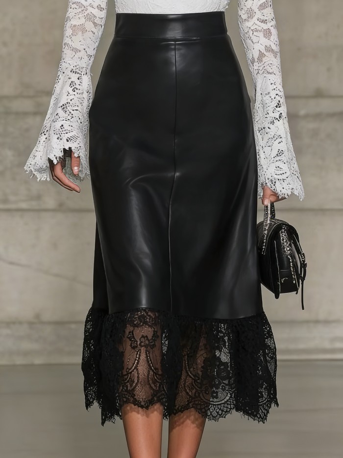 Black Lace Trim Skirt for Women | Spring Summer Elegant Versatile Skirt for Commute Date & Party