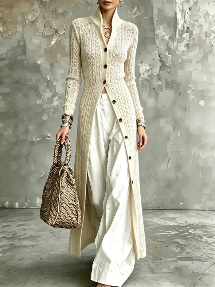 Elegant Long Linen Stand Collar Cardigan | Single Breasted Loose Fit Layered Outerwear for Fall Winter Office & Casual