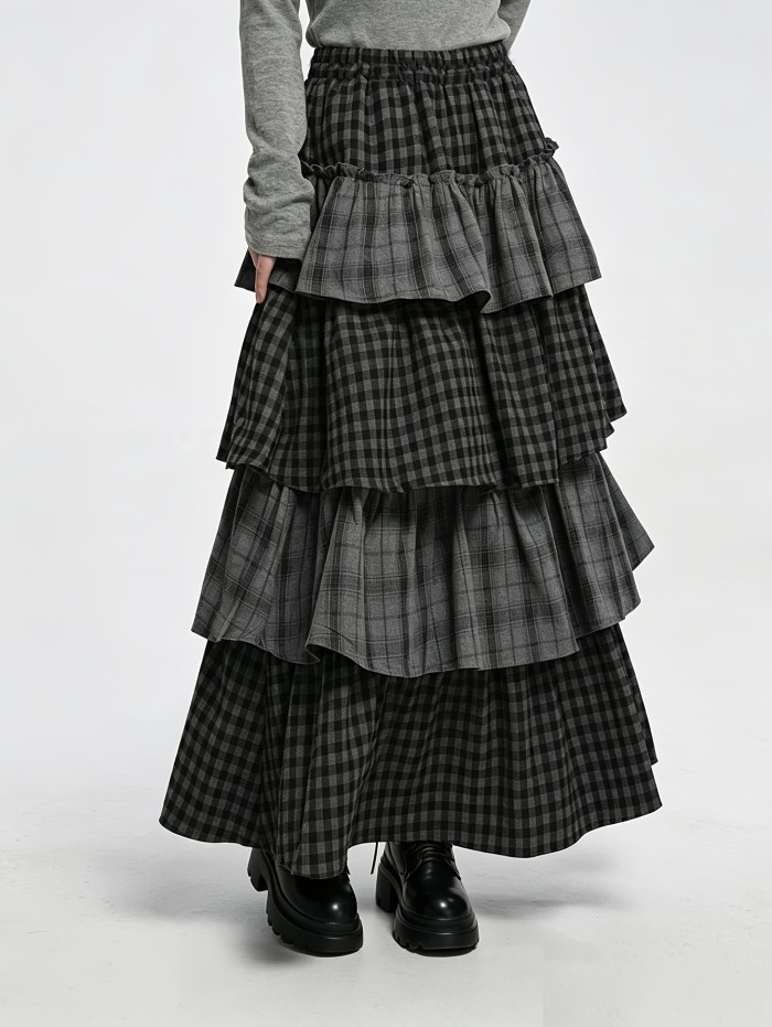 Retro Plaid Patchwork Tiered Cake Dress | Vintage A-Line Layered Long Dress for Fall Winter