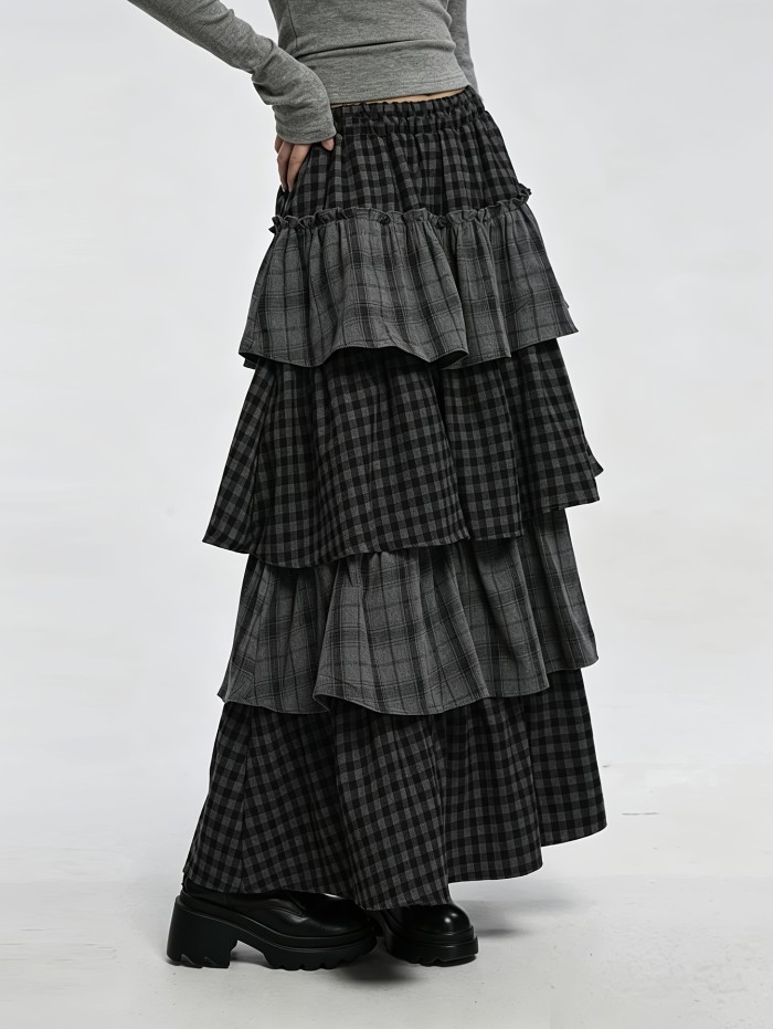 Retro Plaid Patchwork Tiered Cake Dress | Vintage A-Line Layered Long Dress for Fall Winter