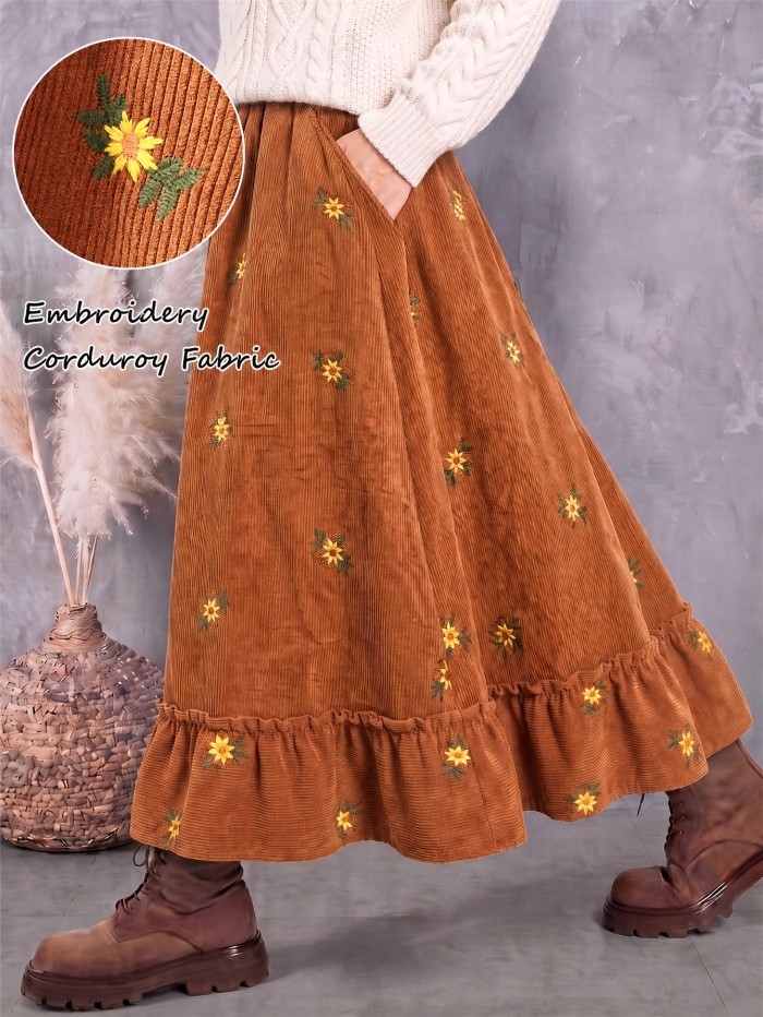 Vintage Floral Embroidered Corduroy Maxi Skirt With Pockets | Fall A-Line Ruffle Hem Skirt