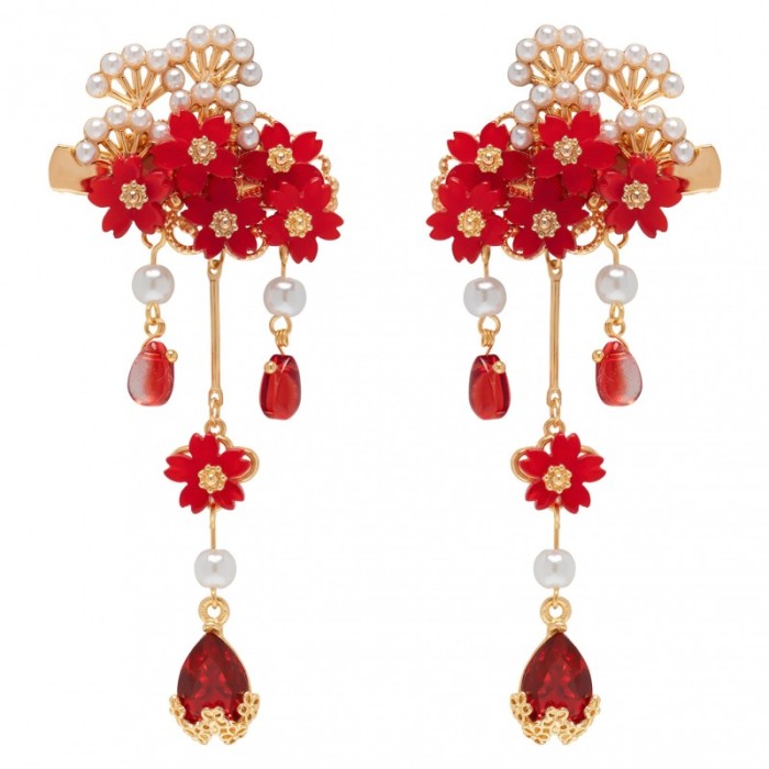 Chinese Style Red Glass Petal Hair Clips 2pcs Alloy Decor Hair Clip for Woman