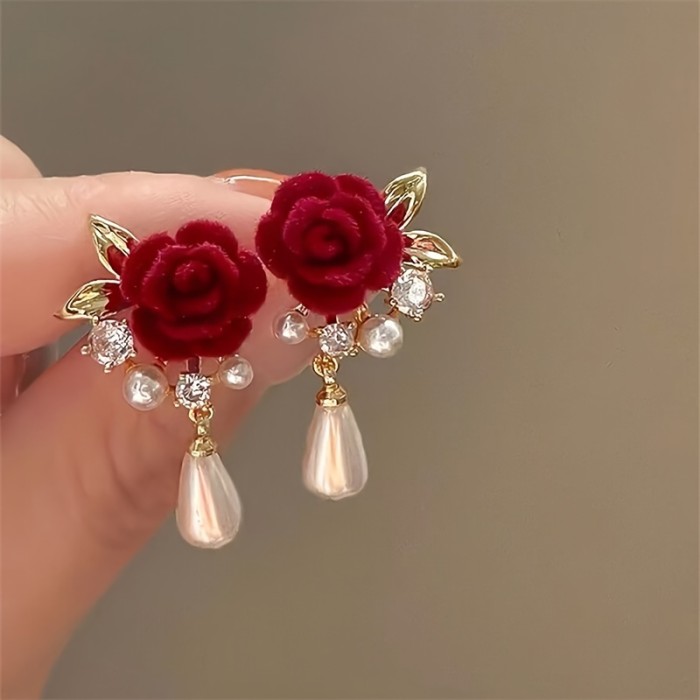 Burgundy Rose & Imitation Pearl Drop Earrings - Vintage Wedding Jewelry Suitable for Parties, Prom, Casual Attire - Elegant Gothic Dangle Earrings with Beauty Accessory
