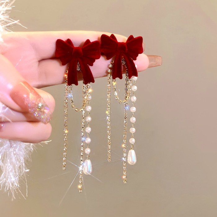 Women'S Stud Earrings 1 Pair Vintage Fashion Red Bow Bead Tassel Valentine'S Day New Year Gift Ear Jewelry