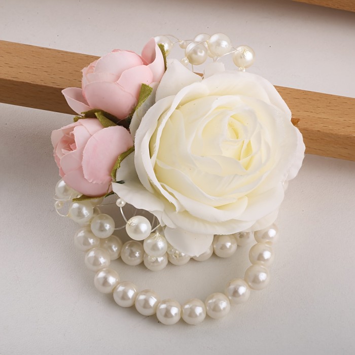 1pc Faux - Pink Rose Nude Bride - Bridesmaid Elastic - Pearl Wrist Flower - Wedding Accessory Multicolor SW102
