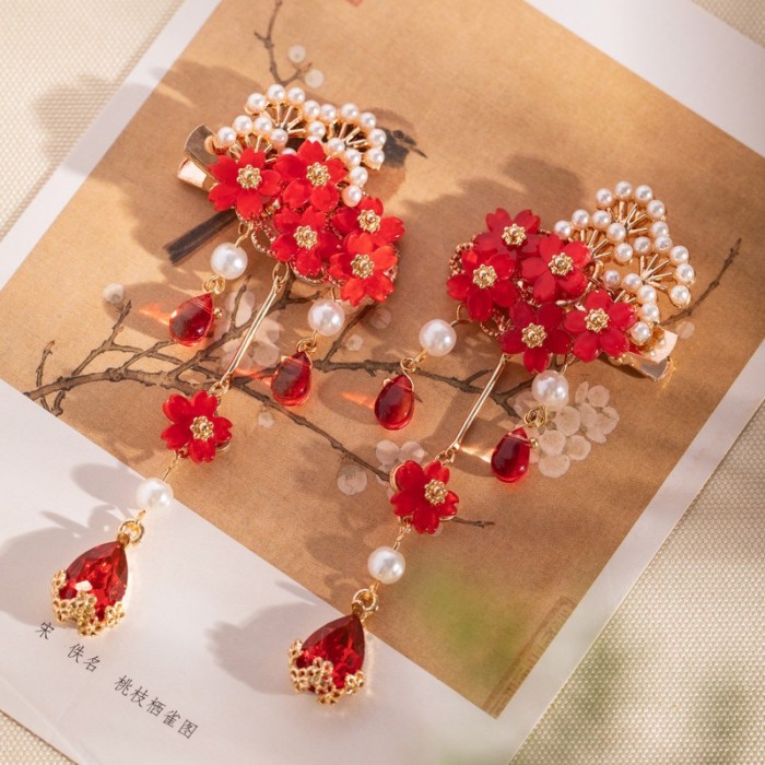 Chinese Style Red Glass Petal Hair Clips 2pcs Alloy Decor Hair Clip for Woman