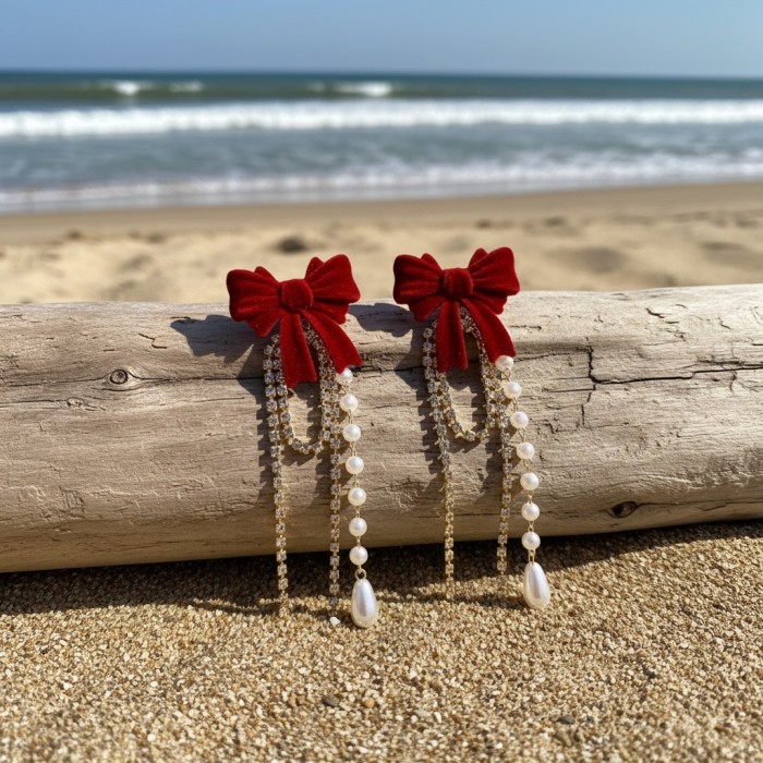 Women'S Stud Earrings 1 Pair Vintage Fashion Red Bow Bead Tassel Valentine'S Day New Year Gift Ear Jewelry