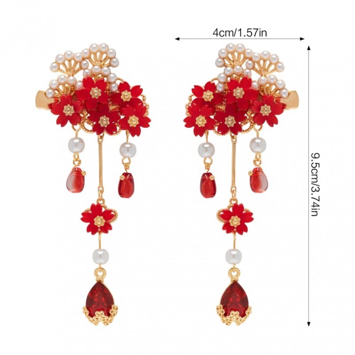 Chinese Style Red Glass Petal Hair Clips 2pcs Alloy Decor Hair Clip for Woman