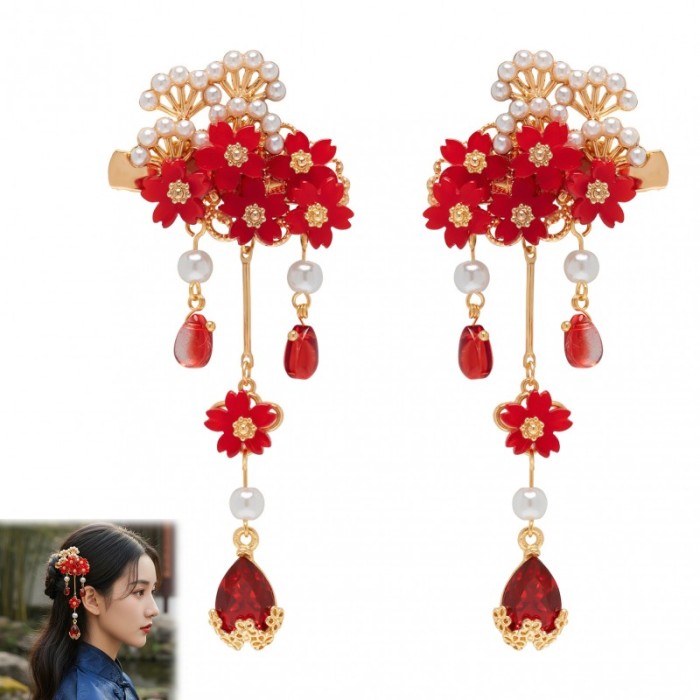 Chinese Style Red Glass Petal Hair Clips 2pcs Alloy Decor Hair Clip for Woman