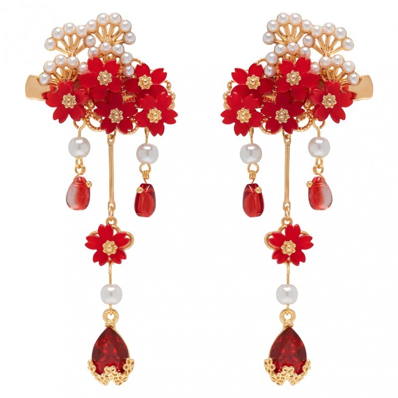 Chinese Style Red Glass Petal Hair Clips 2pcs Alloy Decor Hair Clip for Woman