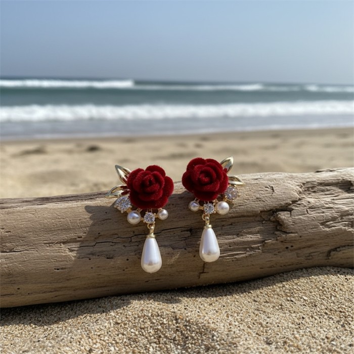 Burgundy Rose & Imitation Pearl Drop Earrings - Vintage Wedding Jewelry Suitable for Parties, Prom, Casual Attire - Elegant Gothic Dangle Earrings with Beauty Accessory