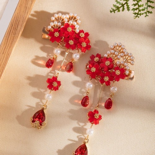 Chinese Style Red Glass Petal Hair Clips 2pcs Alloy Decor Hair Clip for Woman