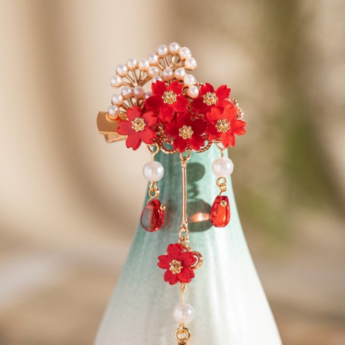 Chinese Style Red Glass Petal Hair Clips 2pcs Alloy Decor Hair Clip for Woman