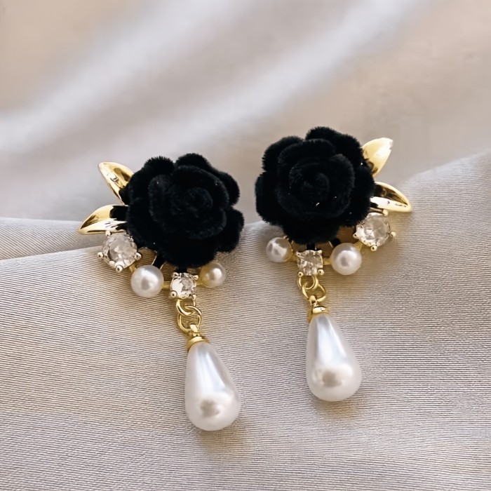Burgundy Rose & Imitation Pearl Drop Earrings - Vintage Wedding Jewelry Suitable for Parties, Prom, Casual Attire - Elegant Gothic Dangle Earrings with Beauty Accessory